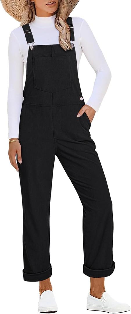luvamia Corduroy Overalls for Women Loose Fit Baggy Straight Casual Adjustable Straps Bib Jumpsuit Overalls with Pockets (Large, Black)