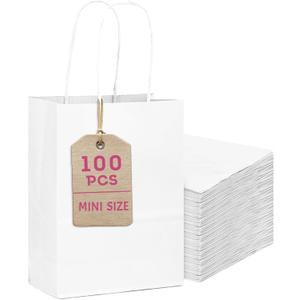 Bakepacker 100 Pcs White Mini Paper Gift Bags with Handles 6"x4.5"x2.5" Party Favor Bags Multiple Uses (Mini size)