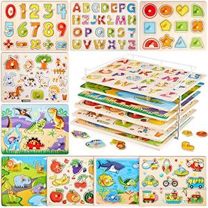 9 Pack Wooden Peg Puzzles for Toddlers with Puzzle Storage Rack Set Alphabet Wooden Toddler Puzzles Jigsaw Numbers Kids for Over 4 Years Educational Learning Knob Puzzle