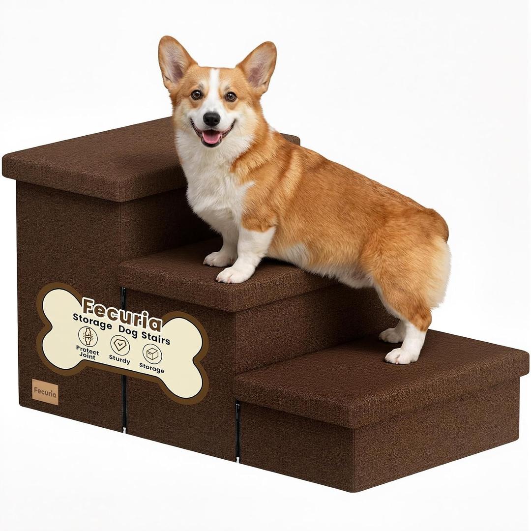 3-Step Wide Dog Stairs with Storage 18" H, Non-Slip Sturdy Pet Steps for High Bed Couch Window, Pet Stairs for Small/Medium/Large Old Dogs Cats Up to 200lbs, Cat Dog Steps for Car/SUV, Coffee