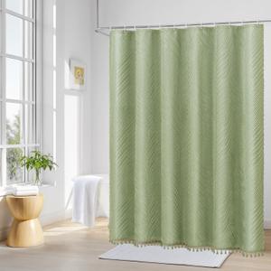 Sage Boho Shower Curtain, Farmhouse Tufted Striped Leaf Textured Shower Curtain with 12 Hooks, Modern Minimalist Hotel Style Decor for Bathroom, Waterproof & Washable, 72 x 72