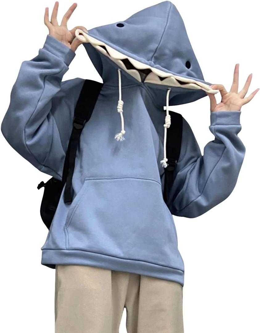 YEMOCILE Women Cute Shark Hoodie Long Sleeve Blue Kawaii Animal Shark Shape Hooded Pullover Sweatshirts (X-Large)