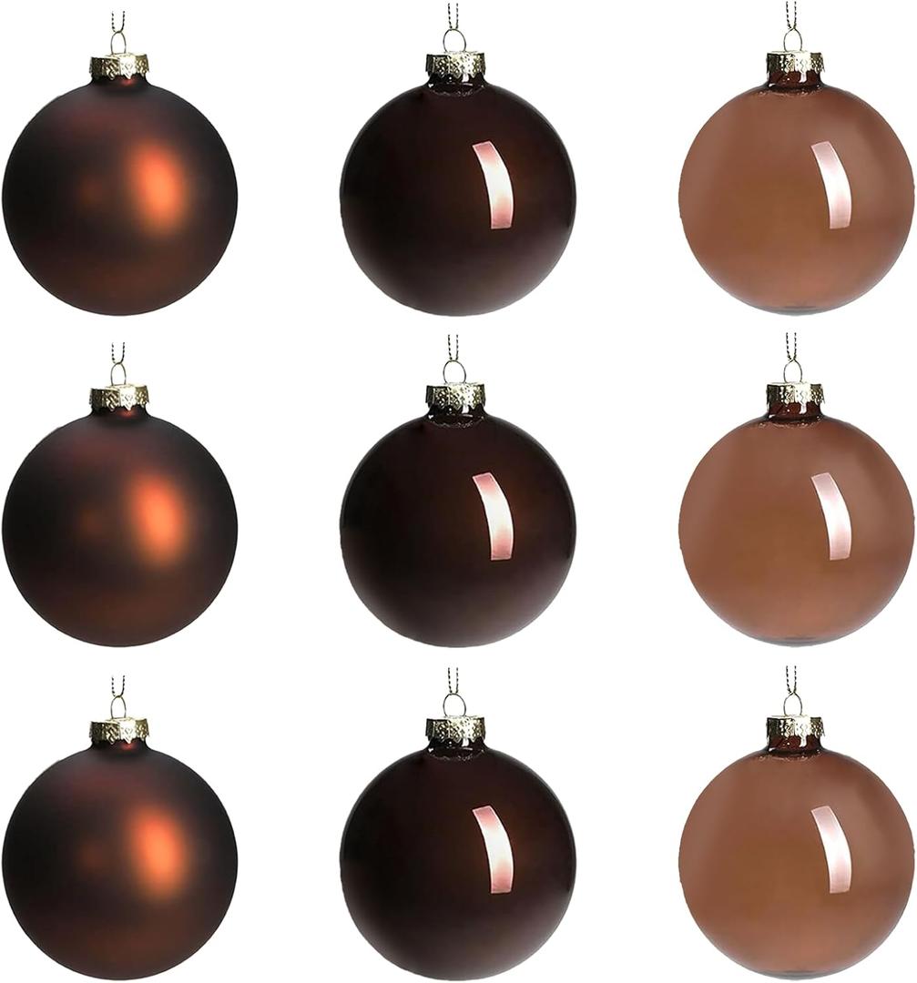 DN DECONATION Brown Glass Christmas Ball Ornaments, Set of 9, 3' Hanging Christmas Baubles for Xmas Tree Decoration, Wedding Party Gift