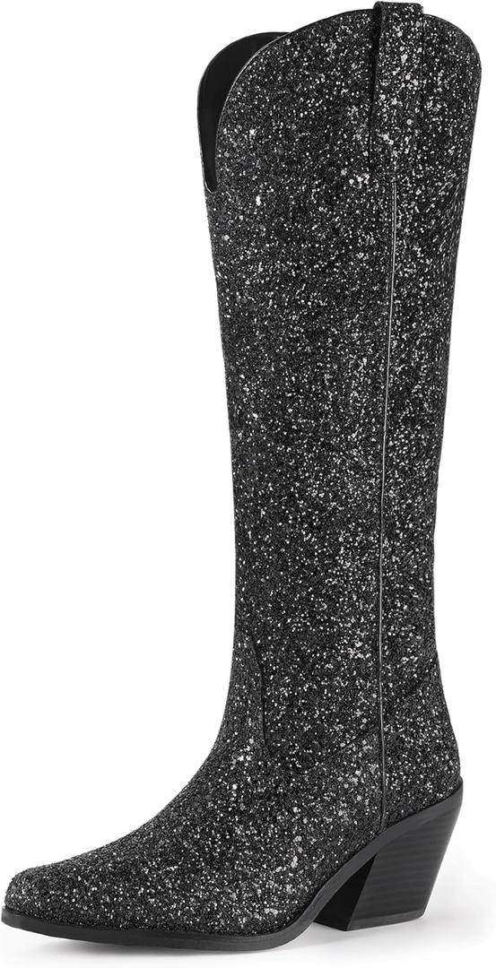 IDIFU IN3 Sparkly Cowboy Cowgirl Boots for Women Knee High Tall Long Glitter Dress Low Chunky Block Heel Sequin Sparkle Wedding Party Date Bride Ladies Bling Shiny Boots (8.5, Black)