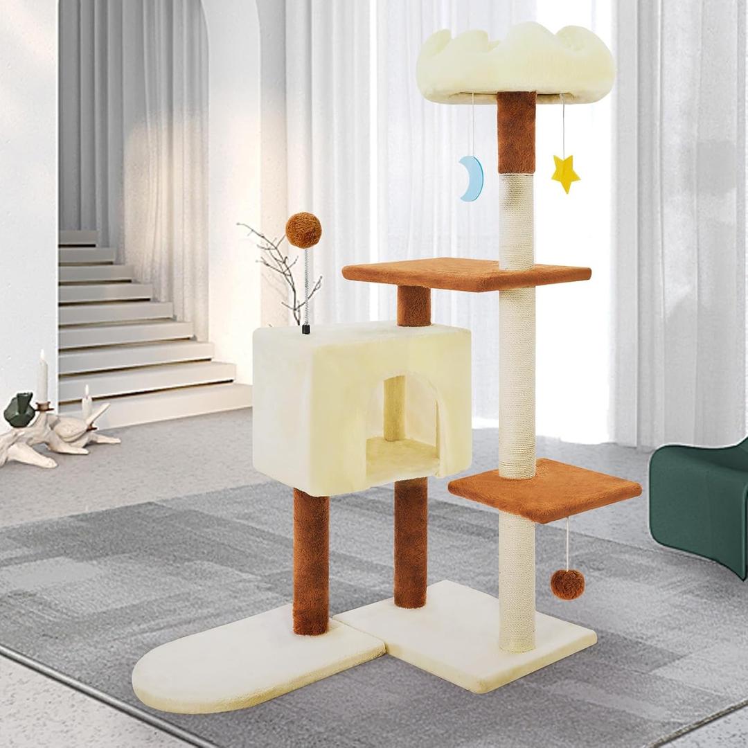41 Inches Cat Tree Tower with Scratching Post, Tall Cat Trees for Indoor Cats Large Adult, Multi-Level Cozy Plush Cat Houses & Condo Furniture with Top Perch, Cats Climbing Towers(White)
