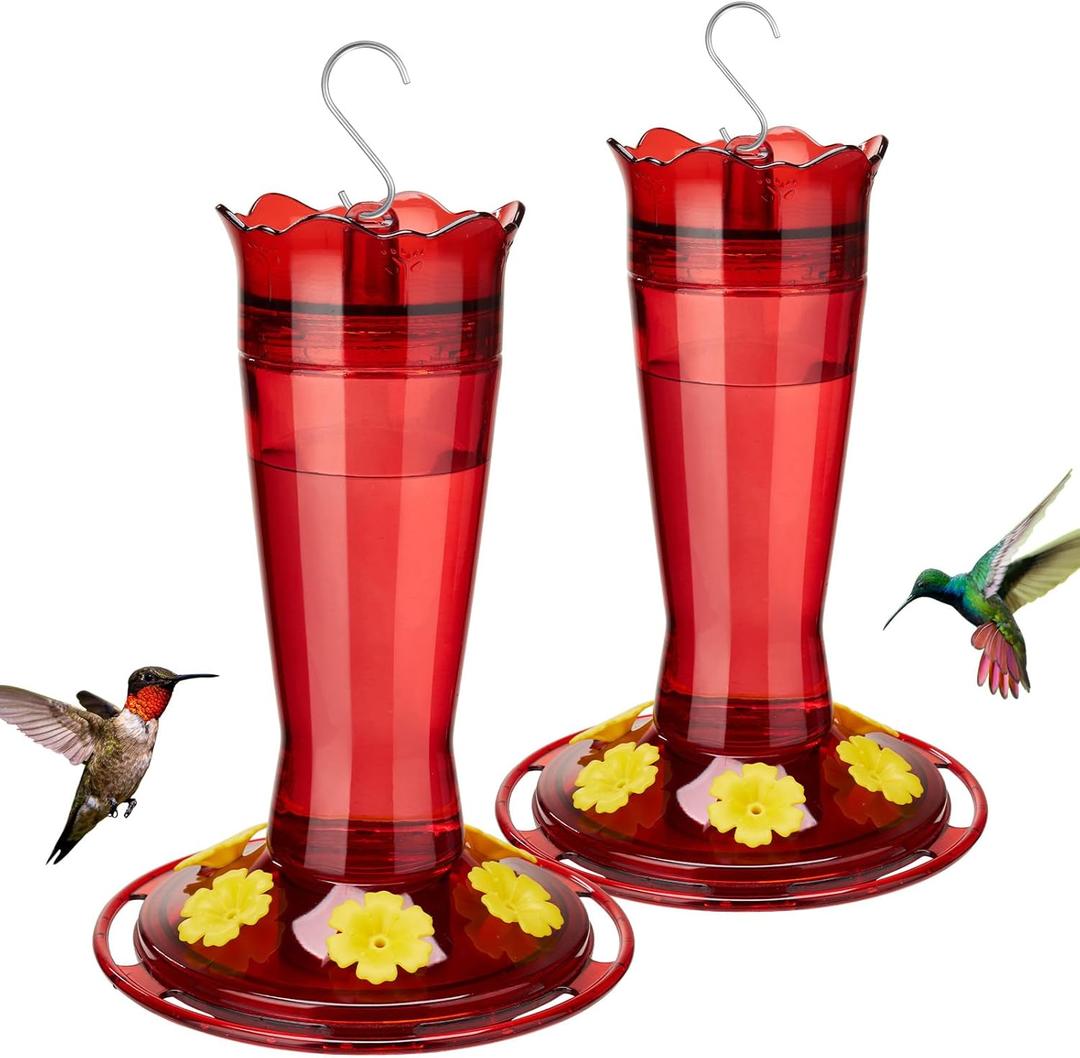 Kingsyard 2 Pack Glass Hummingbird Feeder for Outdoors Hanging - 6 Bee Guard Feeding Ports & Built-in Ant Moat, Wild Bird Feeder for Outside Garden Yard Patio 14 Oz, Red