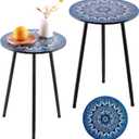 Metal Outdoor Side Tables Set of Two Small Outside Round End Table for Patio Modern Accent Garden Corner Table for Small Spaces, Balcony, Porch, Weather-Resistant, Plant Stand Indoor, Blue