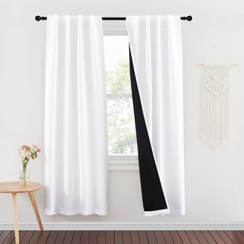 NICETOWN 100% Blackout Window Curtain Panels, Cold and Full Light Blocking Drapes with Black Liner, 72 Inches Drop Thermal Insulated Draperies for Studio (White, 2 Pieces, 37 inches Wide Each Panel)