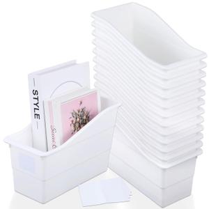 12 Pack Large Book Bins, Durable Magazine Organizer File Holder High-Quality Plastic Book Storage Bins with Labels for Classroom Library, Office, Desktop Organization, Bookshelf Categorization (White)