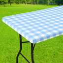Smiry Rectangle Picnic Table Cloth, Elastic Waterproof Fitted Vinyl Tablecloths, Flannel Backed Buffalo Plaid Table Covers for Dining, Camping, Outdoor (Baby Blue and White, 30" x 60")