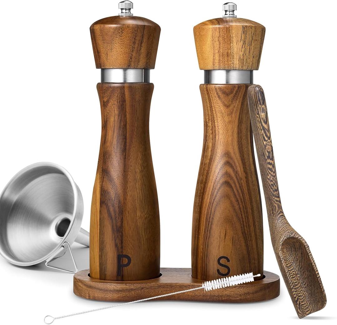 2 Pack Acacia Wood Salt and Pepper Grinder Set 8 Manual Mills with Adjustable Ceramic Core, Stainless Steel, Tray, Spoon, Brush & Funnel Rustic Wooden Gift Set for Kitchen or Table
