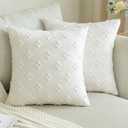 ANRODUO Pack of 2 White Floral Decorative Throw Pillow Covers with Tufted Rhombic Jacquard for Room Decor Boho Pillow Covers 18x18 Cute and Soft Pillowcase for Couch Sofa and Living Room Fall Decor