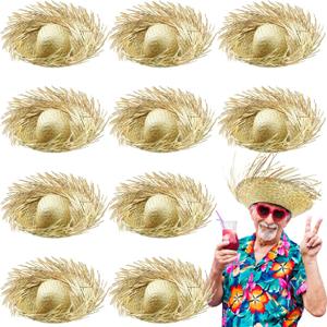 Hercicy 10 Pcs Adult Hawaiian Luau Straw Hats Pava Hat Puerto Rico Beachcomber Hats for Party Costumes Accessories Decor (Gold)