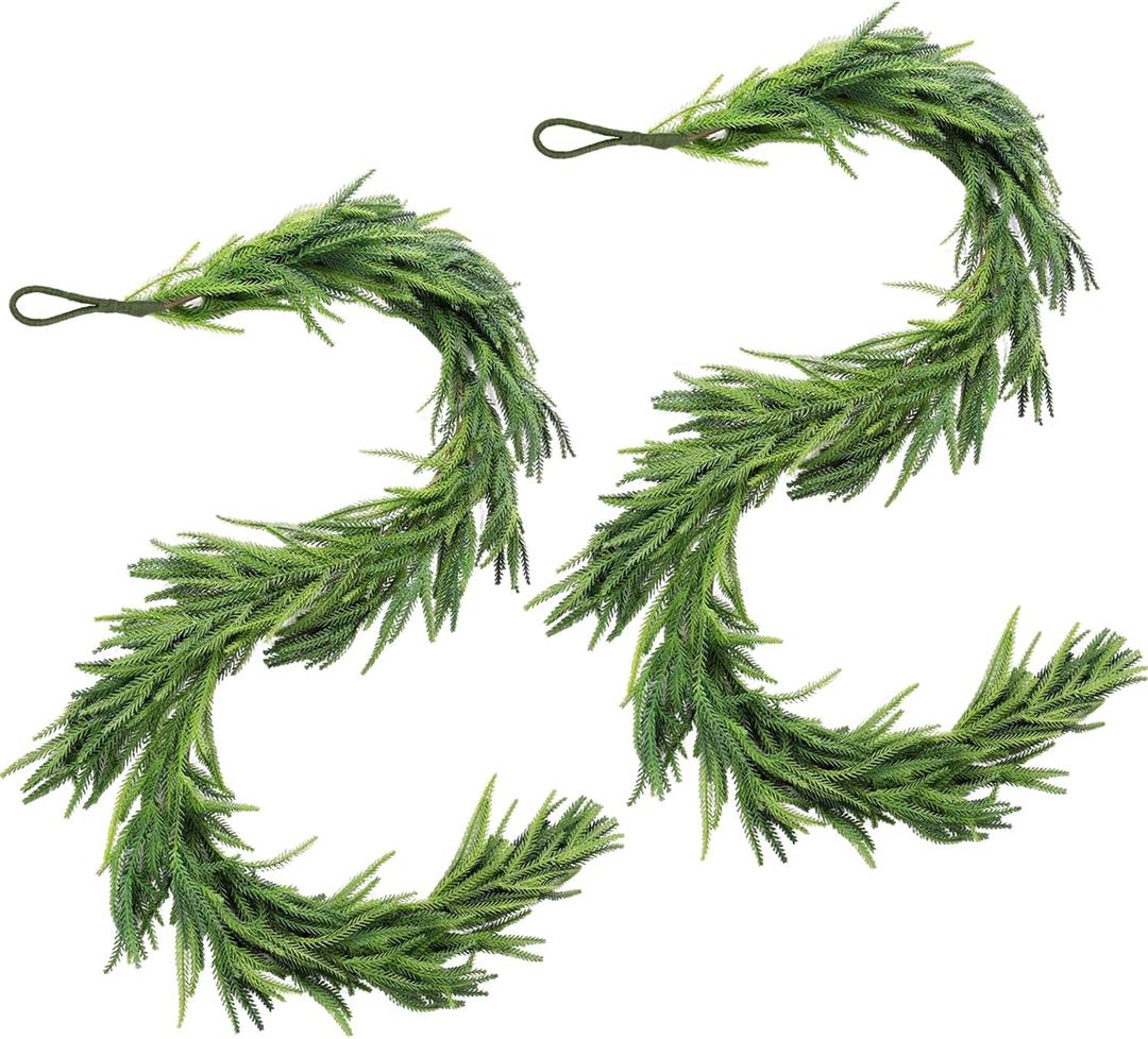 6 FT Christmas Garlands Norfolk Pine Garland Real Touch Artificial Greenery Garland for Table Mantle Fireplace Window Holiday Indoor Outdoor Decoration(2 Pcs)