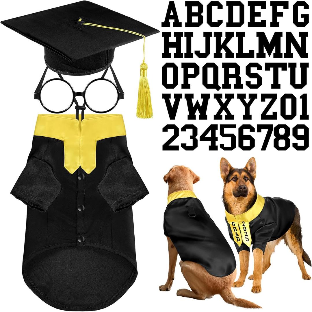 5 Pcs Dog Graduation Costume Set Include 2025 Pet Graduation Gown with Stole Puppy Grad Cap Lensless Glasses DIY Letter Stickers for Dogs Cats Holiday Costume Accessory(Black Yellow,2XL)