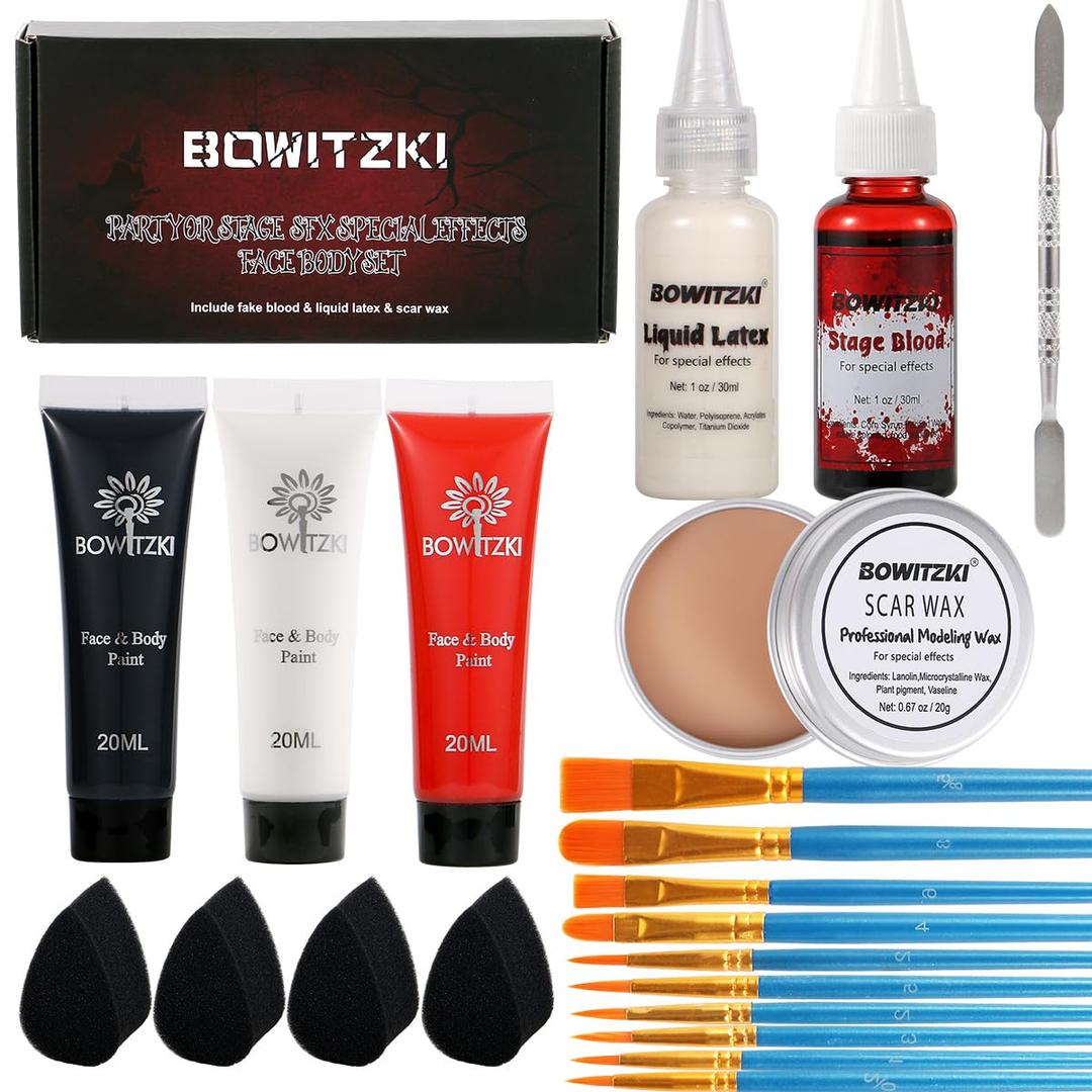Bowitzki Halloween Makeup Set Special Effects Kit Cream Face Paint Water Based Liquid Latex Fake Blood Brush Sponges Body Painting SFX Zombie Vampire Monster Christmas Party (With Scar Wax)