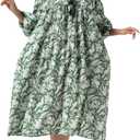 Rifle Green Hand Block Printed Boho Cotton Midi Dress for Women, Floral Print Maternity-Friendly Summer Tunic with Tassel & Pockets (Green, L)