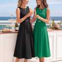 ZESICA Women Summer Sleeveless Midi Dresses 2026 Elegant Boat Neck A Line Tie Waist Spring Cocktail Party Dress (Black, L)