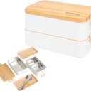 gimmiebox premium stainless steel bento box lunch box with compartments for adults, spoon and fork, leak-proof, easy side locks (White)