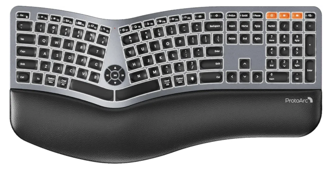 ProtoArc Backlit Bluetooth Ergonomic Keyboard, EK01 Plus Full Size Wireless Split Keyboard with Dual Bluetooth and USB, Cushioned Wrist Rest, Rechargeable, Compatible with Windows/Mac/Android, Grey