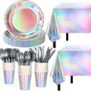 Iridescent Party Supplies Decorations,132 Pcs Disposable Iridescent Paper Party Plates Cups Knives Spoons Fork for Birthday Wedding Outdoor Picnic,Disposable Plastic Tablecloths for Dinner,Holiday