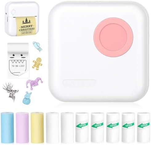 Mini Pocket Printer, Thermal Printer with 10 Rolls Thermal Papers and Stickers for iOS&Android, Inkless Sticker Printe for Photo, DIY, Lable, Receipt, Pink