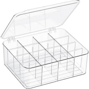 Sock Underwear Organizer, 16 Compartment Adjustable Dividers Tie Socks Underwear Drawer Organizers for Closet, Clear Plastic Storage Containers Box with Lids for Ties Scarf Socks Bras