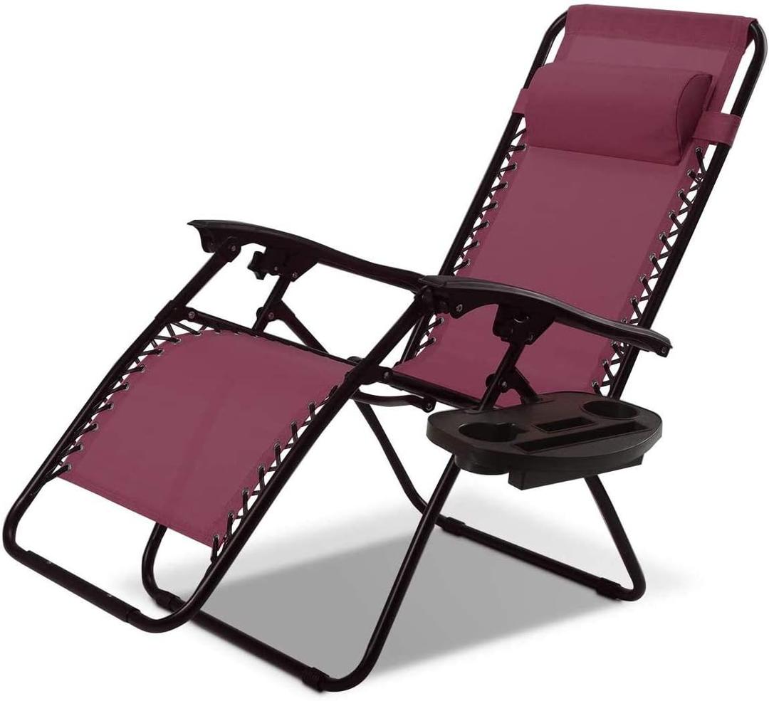 Outdoor Zero Gravity Lounge Chair with Pillow & Utility Tray, Folding Patio Lawn Beach Recliner (Wine)