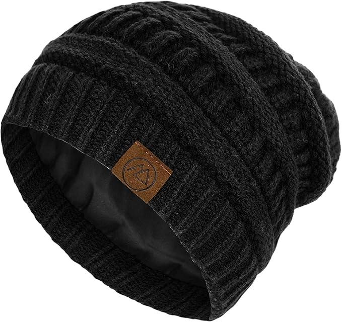 Beanies Women Satin Lined Beanie Winter Hats for Women Silk Lined Slouchy Beanie for Winter Warm Knit Cuffed Beanie Hat (One Size, Black) 