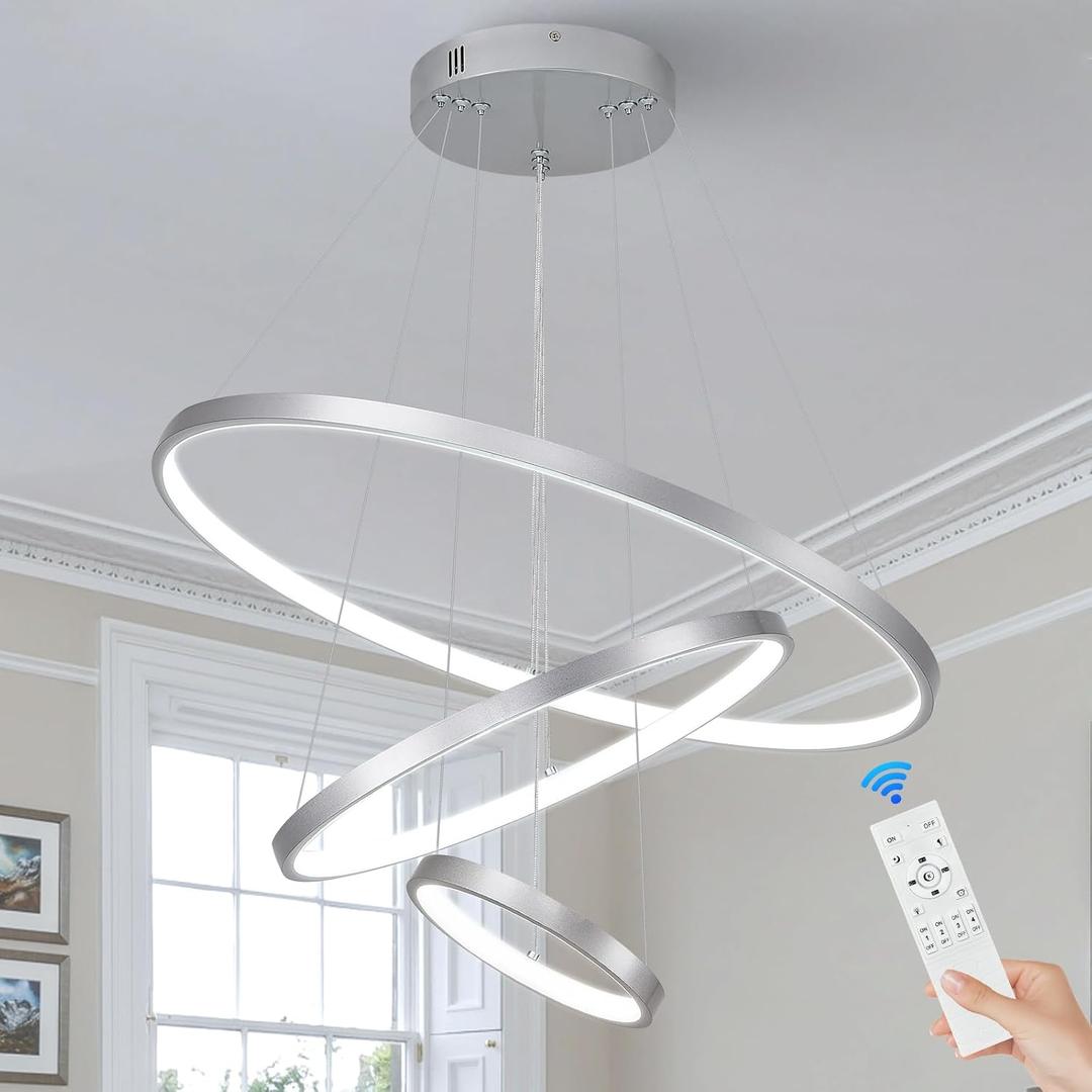 3 Ring Modern LED Chandelier Silver Dimmable Round Chandeliers, LED Circular Pendant Light Fixture with Remote Control for Living Room, Dining Room, Office, Entry, Bedroom