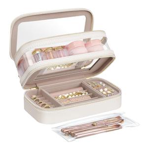 SONGMICS Makeup Bag with Mirror, with Jewelry Storage, Travel Makeup Bag, with Separate Brush Storage Pouch, Transparent Window, 8.7 x 4.7 x 4.7 Inches, Gift Idea, Cloud White UJKA026W01