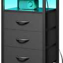 Night Stand Bedside Charger Bedroom - Nightstand with Charging Station & LED Light Strip, Night Stand with Storage Shelf & 3 Fabric Drawers, Morden End Table with U-S-B Ports & AC Outlets