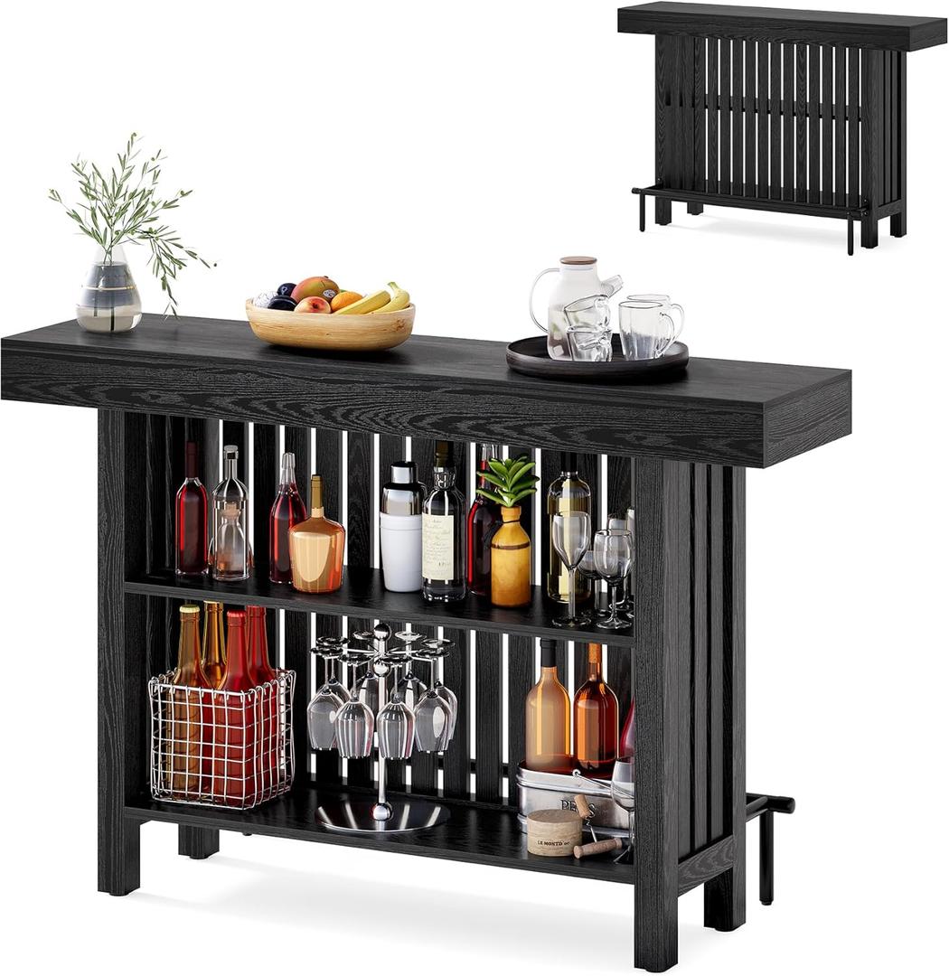 LITTLE TREE 63-Inch Home Bar Table, 2-Tier Storage Shelf Mini Bar Unit, Kitchen Pub Table, Small Indoor Bar Counter, Black