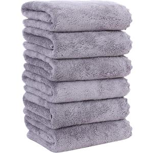 MOONQUEEN 6 Pack Premium Hand Towels - Quick Drying - Microfiber Coral Velvet Highly Absorbent Towels - Multipurpose Use as Hotel, Bathroom, Shower, Spa, Hand Towel 16 x 28 inches (Light Grey)