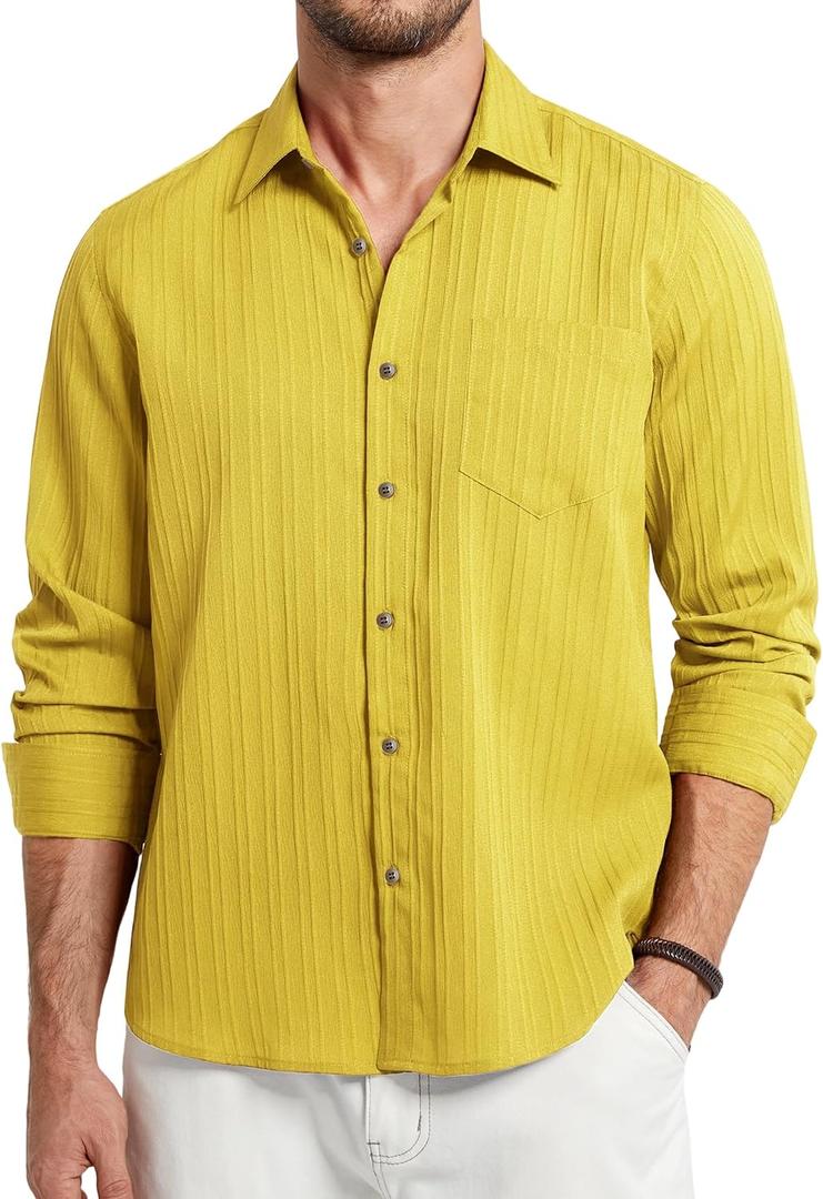 HISDERN 337 Mens Casual Shirts Long Sleeve Button Down Shirts Wrinkle Free Solid Collared Textured Shirt with Pocket
