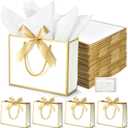 DOYIDE 50 Pcs Thank You Gift Bags with Tissue Paper, 9x7x3.1in Gift Wrap Bags with Handles and Bow Ribbon, Thank You Bag for Valentine Wedding Birthday Bridesmaid Holiday Party Favors (White and Gold)