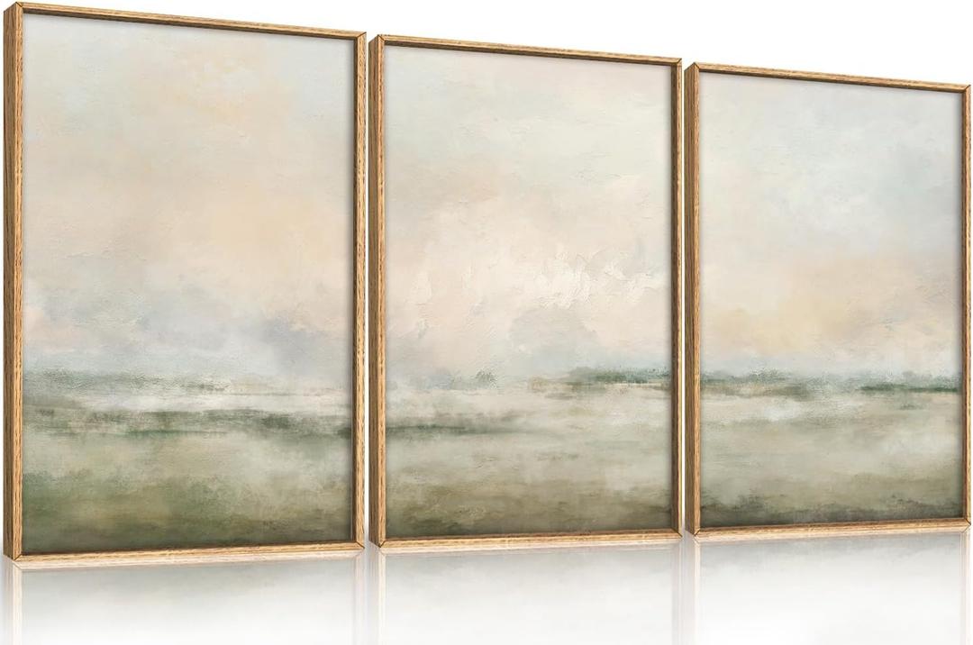Abstract Beige Green Landscape Framed Canvas Wall Art Set, Watercolor Natural Tan Wall Decor, Minimalist Neutral Modern Scenery Artwork for Living Room, Bedroom,Farmhouse- 24"x36"x3