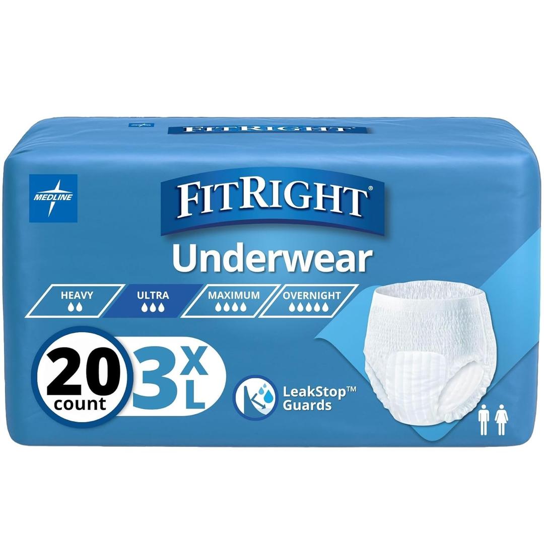 FitRight Adult Incontinence Underwear, Heavy Absorbency, 3X-Large, 75"-94" Waist (20 Count) (XXXL)