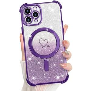 KANGHAR for iPhone 12 Pro Case, Support for MagSafe [Four Corner Cushion Series] Love Heart Pattern Electroplate Edge Shockproof Durable Full Body Protection for Girls Women -Purple