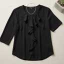 BTFBM Spring Summer Tops for Women 2026 Dressy Casual V Neck Ruffle Cap Sleeve Embroidered Eyelet Blouses Resort Wear(Black, Large )