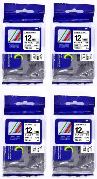 Tapes TZ2-231 Compatible Label Tape for Brother Tze-231 TZ-231 TZ231 Black on White 12mm x 8m, Compatible Tapes for PT-E110VP, PT-E550WVP, PT-P900W, PT-E850TKW, PT-D210, PT-H105, PT-D600 (4)