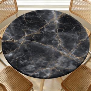 Round Fitted Tablecloth with Elastic Edge Design Table Cover Waterproof Stain-Resistant Wipeable Table Cloth Best for 54"-58" Round Tables for Outdoor Indoor Black Marble