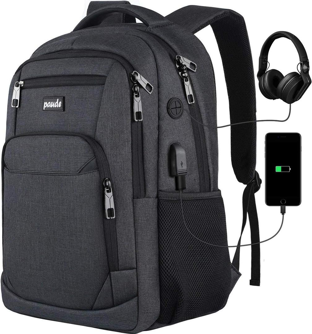 Paude Backpack for Men and Women,School Backpack for Teens,15.6 inch Laptop Backpack with USB Charging port for Business College Travel (Black)