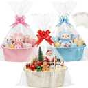 SEISSO 3 Pack Gift Baskets Empty with Gift Bags Ribbon Bows Cards, Small Woven Gift Basket with Handles for Christmas Birthday Thanksgiving Easter Baby Shower Toys, 12"x 8"x 5",White, Pink, Blue