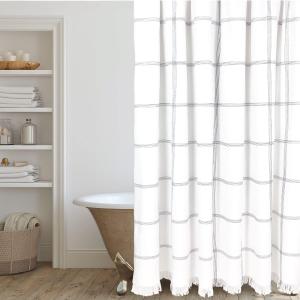 HALL & PERRY Modern Farmhouse Tassel Shower Curtain 100% Cotton Striped Fabric Shower Curtain with Tassels for Bathroom Dcor (Black 5, 72"x72")