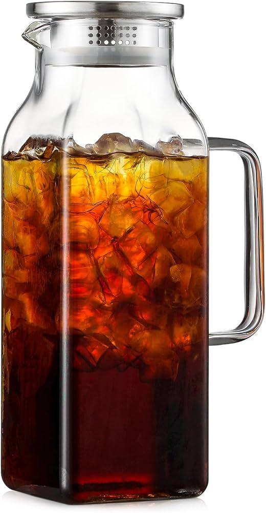  2 Quart (68 oz) Square Glass Pitcher,Water Pitcher with Lid and Handle, Borosilicate Glass Carafe for Hot/Cold Water, Iced Coffee, Juice, Tea, Milk and Homemade Beverage, Including Brush