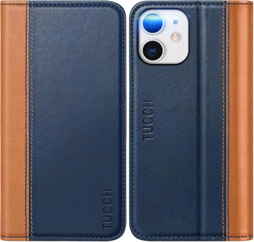 TUCCH Case Wallet for iPhone 12 Pro/12 5G, PU Leather Folio with Kickstand [Card Slot] Cover [Protective TPU Interior Case] Compatible with iPhone 12/12 Pro 6.1-inch, Brown & Blue