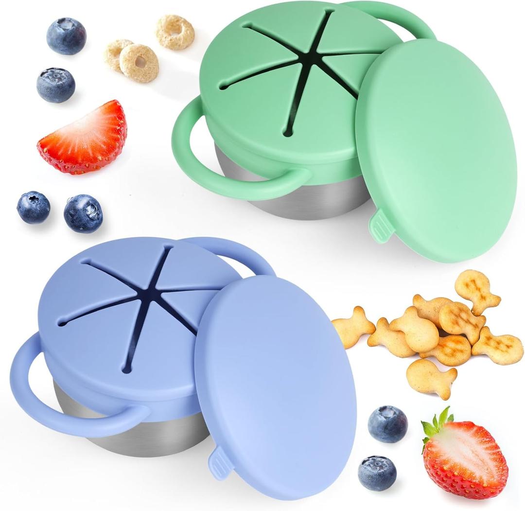 Elk and Friends Stainless Steel Snack Cups | Removable Silicone Food Catcher and Travel Lid | SpillProof Snack Containers for Baby, Toddler, Kids | Dishwasher Safe | 2 Pack