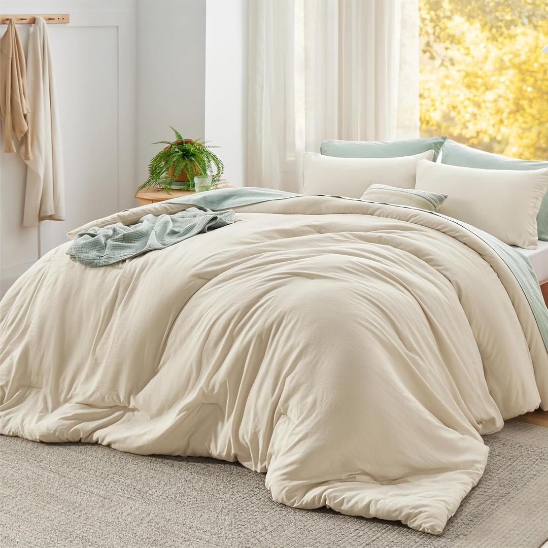 Bedsure Super King Plus Comforter Set, Cream Soft Prewashed Bedding for All Seasons, 3 Pieces GentleSoft Bed Set, 1 Lightweight Comforter (128"x120") and 2 Pillowcases (20"x36")