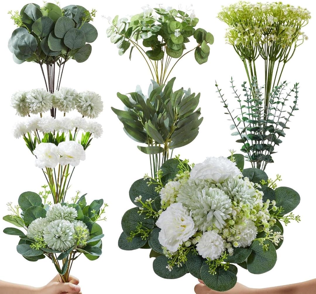 80 Pcs Artificial Greenery Stems Bulk 8 Kinds Faux Eucalyptus Leaves & Flowers Set for DIY Wedding Bouquets, Vase Arrangements, Home Decor